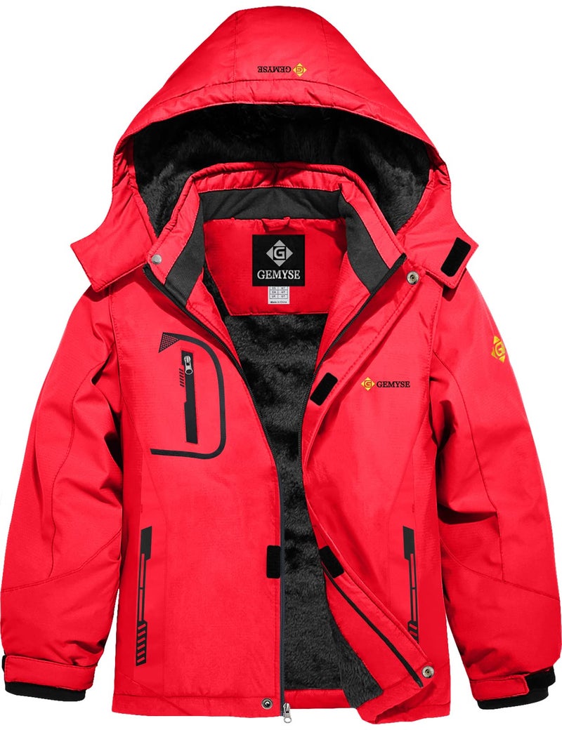 GEMYSE Boy's Waterproof Ski Snow Jacket Fleece Windproof Winter Jacket with Hood (Red,14/16) - Image 1
